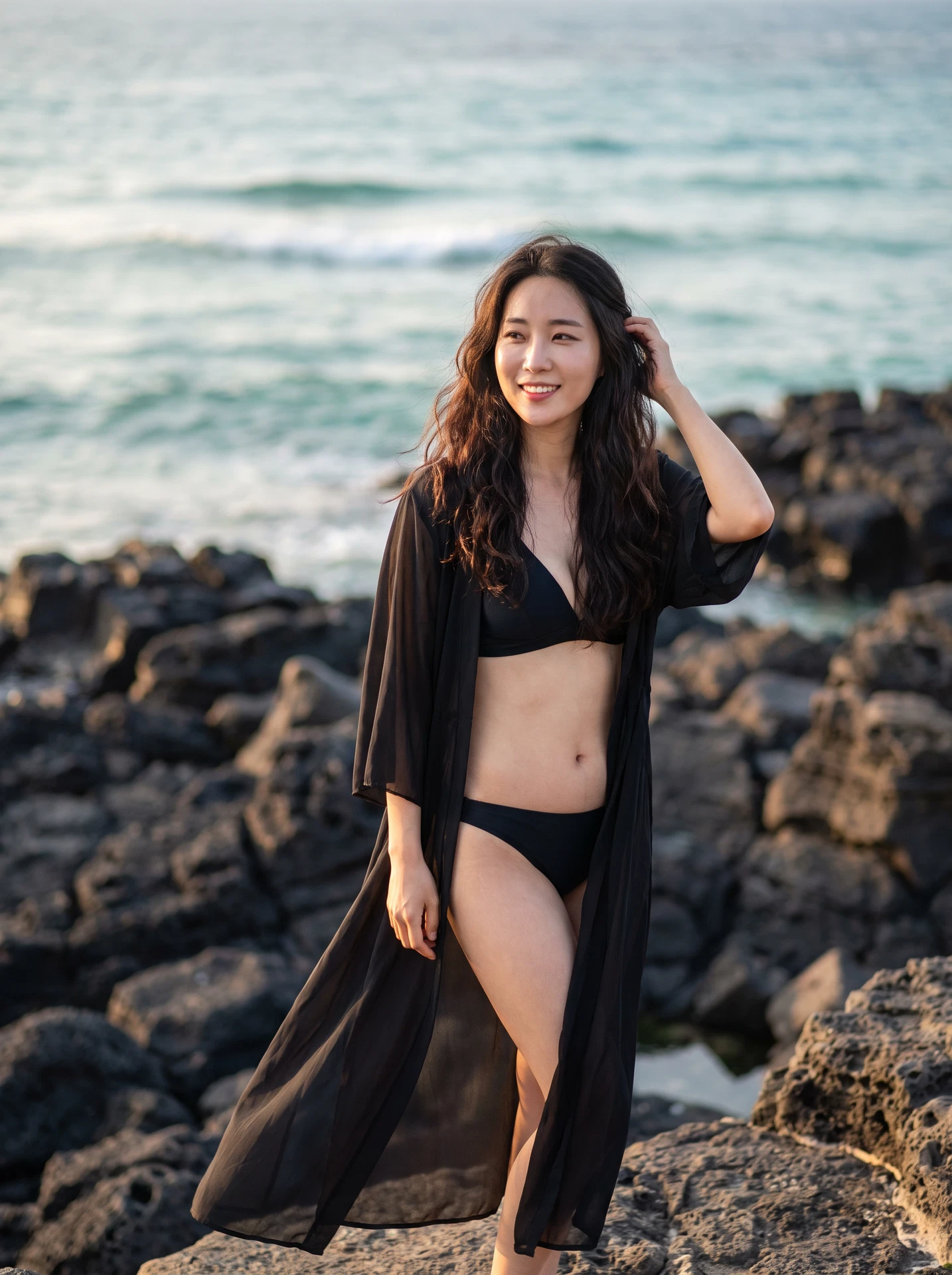 AI 생성 성인 한국인 여성의 블랙 비키니 제주 해변 콘셉트 이미지